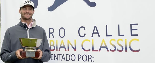 BOGOTA, COLOMBIA - OCTOBER 5: Nicholas Lindheim the Arturo Calle Colombian Classic trophy following his one stroke victory on the 18th hole green during the final round of the Arturo Calle Colombian Classic Presentado por Avianca at Pueblo Viejo Country Club on October 5, 2014 in Bogota, Colombia. (Enrique Berardi/PGA TOUR)