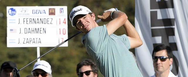 SANTIAGO, CHILE - NOVEMBER 15: Jorge Fernandez Valdes of the U.S tees off on the 16th hole during the third round of the Hyundai - BBVA 88° Abierto de Chile at Los Leones Golf Club on November 15, 2014 in Santiago, Chile. (Enrique Berardi/PGA TOUR)