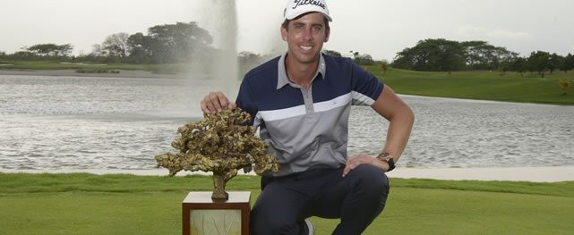 RIO HATO, PANAMA - MAY 03: Rodolfo Cazaubon of Mexico posing with the tournament trophy after his victory at the Lexus Panama Classic presented by World Jewelry Hub at Buenaventura Golf Club on May 3, 2015 in Rio Hato, Panama. (Enrique Berardi/PGA TOUR)