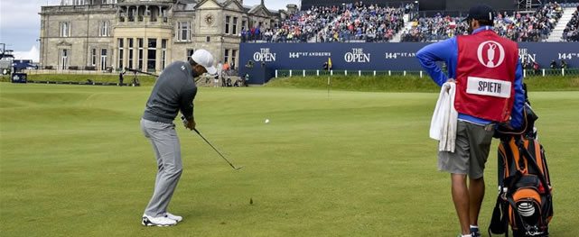 Jordan Spieth of the United States chips onto the 18th green during the third round of the 144th Open Championship at The Old Course on July 19, 2015 in St Andrews, Scotland. (Photo by Stuart Franklin-Getty Images)