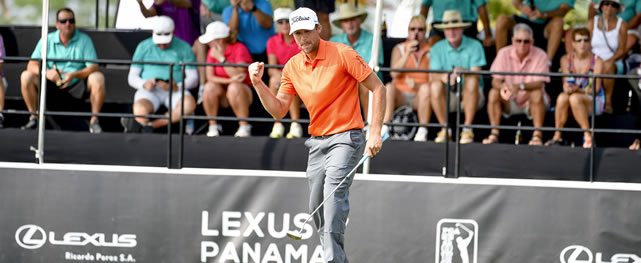 RIO HATO, PANAMA - MARCH 20: Derek Rende of the U.S. celebrates after sinking a five-footer for par and the win at the PGA TOUR Latinoamerica's Lexus Panama Classic at Buenaventura Golf Club on March 20, 2016 in Rio Hato, Panama (Enrique Berardi/PGA TOUR)