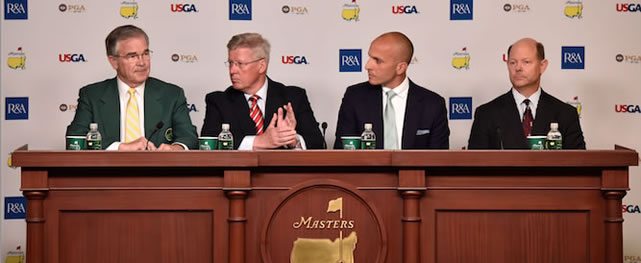 Chairman AugustaNationalGC & Masters Billy Payne, R&A Chief Executive Martin Slumbers, PGA of America Chief Executive Pete Bevacqua & USGA Director Mike Davis anuncian q'ganadores Olympic golf (cortesía Augusta National Inc.)