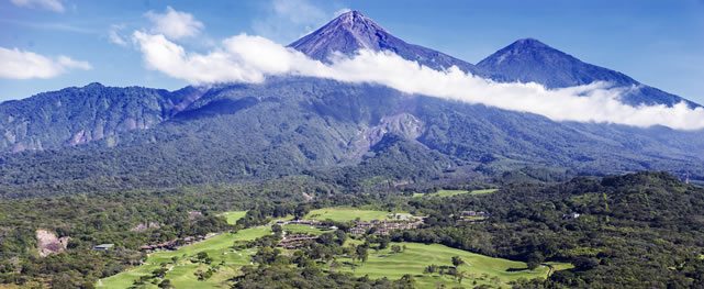 ANTIGUA, GUATEMALA: Aerial view of the Fuego Maya GC and the volcanos Fuego and Acatenango at La Reunión Golf Resort in Guatemala, home of the PGA TOUR Latinoamérica's Guatemala Stella Artois Open outside Antigua Guatemala. Enrique Berardi/PGA TOUR)