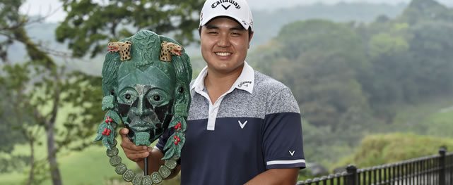 ANTIGUA GUATEMALA - APRIL 24: John Young Kim of the U.S. poses with the tournament trophy following his victory at the 2016 Guatemala Stella Artois Open at La Reunión Golf Resort on April 24, 2016 in Antigua Guatemala. (Enrique Berardi/PGA TOUR)