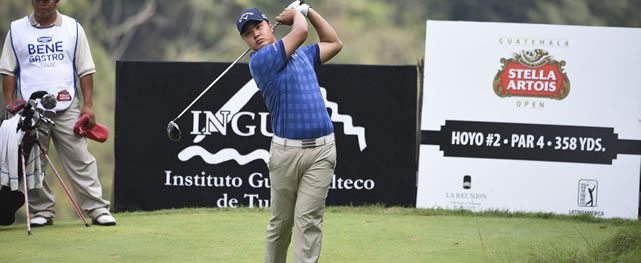 ANTIGUA, GUATEMALA - APRIL 23: John Young Kim of the U.S. tee off on the second hole during the PGA TOUR Latinoamérica third round of the Guatemala Stella Artois Open at La Reunion Golf Resort - Fuego Maya on April 23, 2016 in Antigua, Guatemala (Enrique Berardi/PGA TOUR)