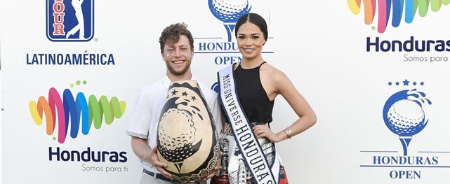 TELA, HONDURAS - MAY 08: Sam Fidone of the U.S. poses with Miss Universe Honduras, Sirey Morán, during trophy presentation after his win at the PGA TOUR Latinoamérica’s Honduras Open presented by Indura Beach and Golf Resort at Indura Golf Resort on May 8, 2016 in Tela, Honduras (Enrique Berardi/PGA TOUR)