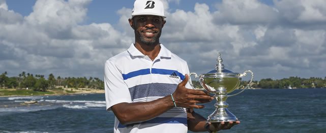 LA ROMANA, DOMINICAN REPUBLIC - MAY 14: Timothy ONeal of the U.S. poses with the tournament trophy following his victory at the PGA TOUR Latinoamérica's Casa de Campo Dominican Republic Open at Teeth of the Dog Casa de Campo on May 14, 2016 in La Romana, Dominican Republic (Enrique Berardi/PGA TOUR)