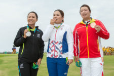 Las medallistas, Lydia Ko de Nueva Zelanda, Plata, Inbee Park de Corea, Oro y Shanshan Feng de China Bronce (cortesía Tristan Jones/IGF)
