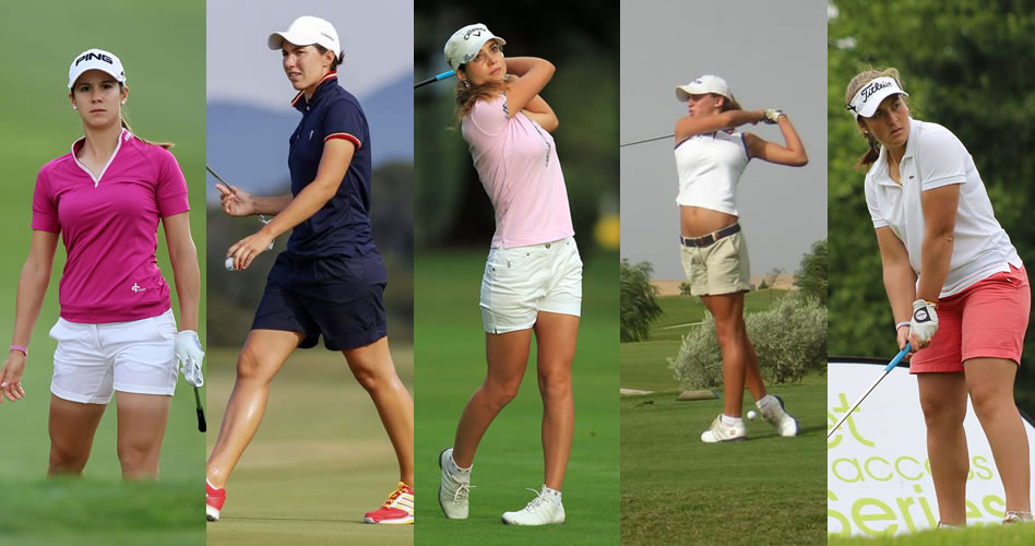 Quinteto de lujo en el Kingsmill Champ. de la LPGA. Carlota, Azahara, Recari, Mozo y Parra en el campo (cortesía stylebistro.com - 20m.es - golfreportlatino.com - rfegolf.es - falso9sports.com)