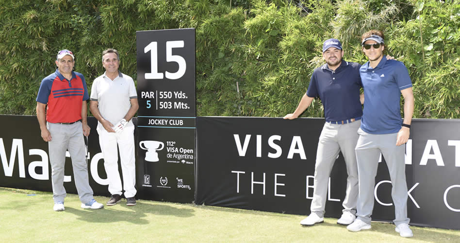 Beto Acosta, Cocho López, Marcelo Rozo (COL) y Diego Forlán fueron unas de las líneas más atractivas del Pro-Am del 112° VISA Open de Argentina presentado por Macro (Enrique Berardi/PGA TOUR)